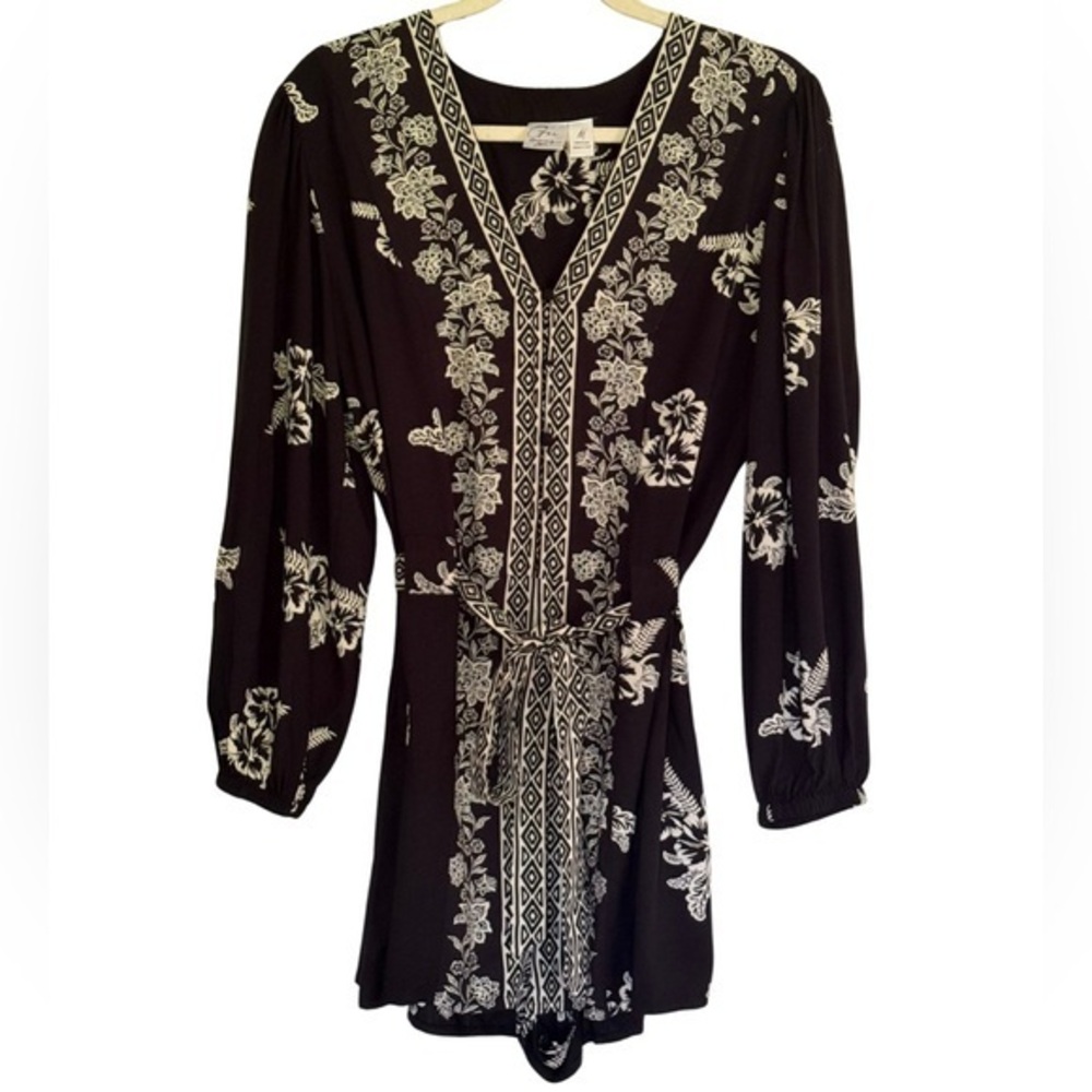 Black & Cream Floral Romper with Tie Waist